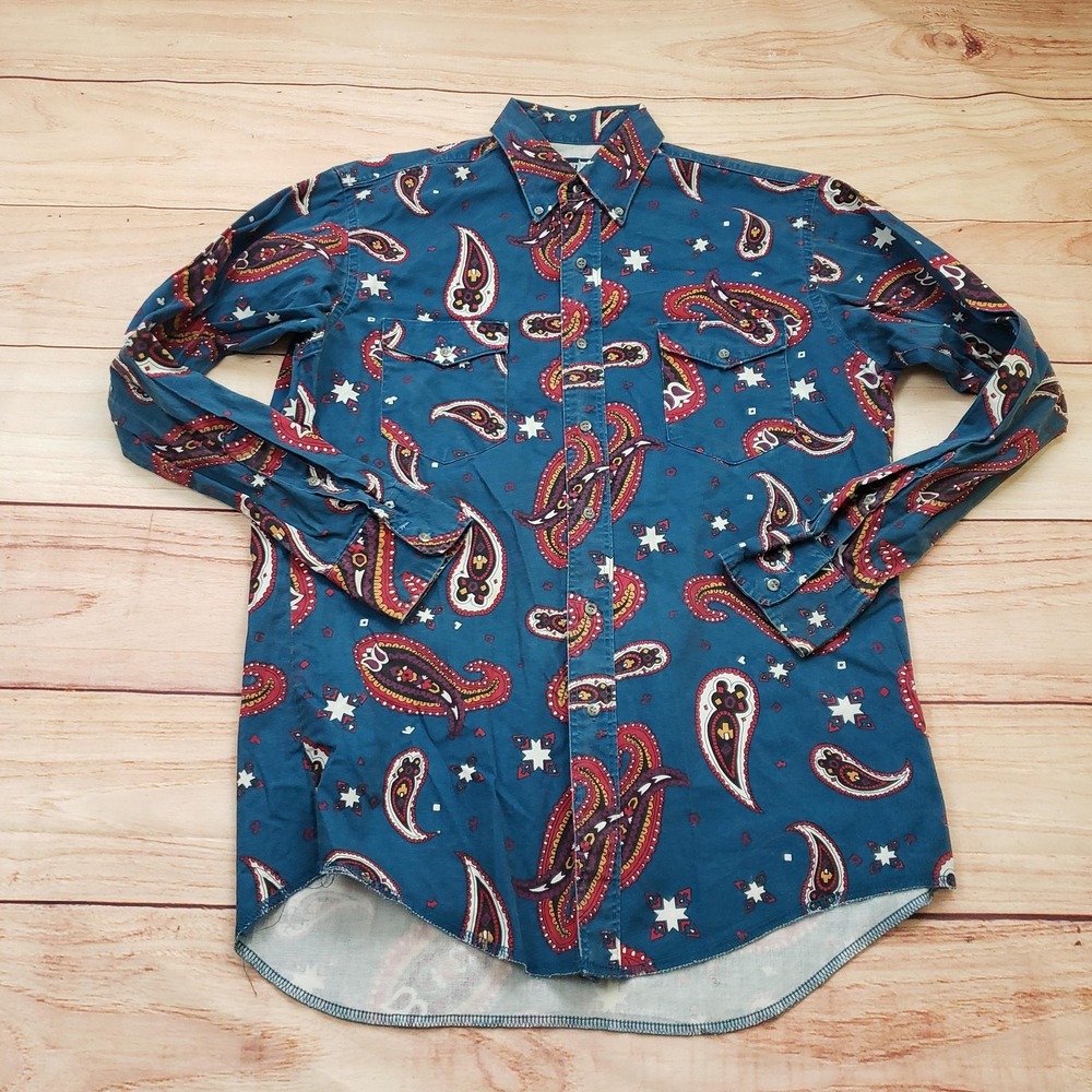 VINTAGE Wrangler Shirt Mens 15.5x33 M Blue Cowboy Cut Paisley Western Rodeo‎